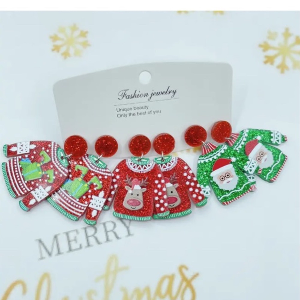 NWT! 3 PAIRS of Christmas Ugly Holiday Sweater Pierced Dangle Earrings in Red!